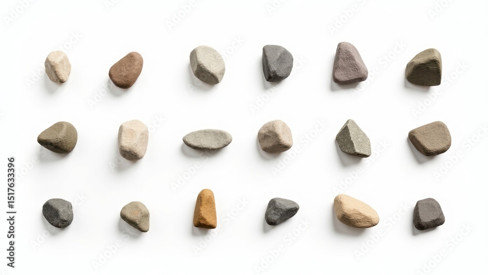 Poster various pebbles of different shapes and colors are arranged on a flat surface, showcasing their natu
