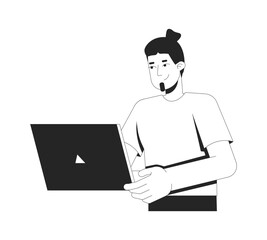 Caucasian man using laptop 2D line character. Freelance lifestyle. Online gaming. Digital nomad. Freelancer gamer european male isolated vector ink outline person. Monochromatic spot illustration