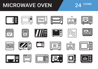 Microwave Oven Icons: A comprehensive set of 24 distinct microwave oven icons, showcasing diverse styles and perspectives for various design applications.  
