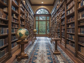 An opulent personal library with towering bookshelves and a grand window view
