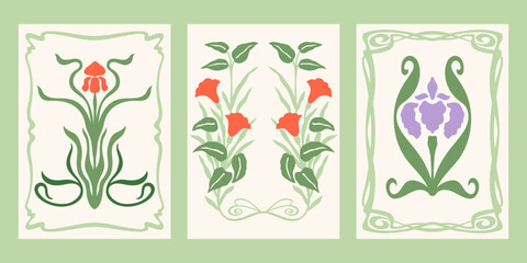 Art Nouveau style vector posters set. Vintage print designs with flowers, abstract florals compositions, whimsical frames