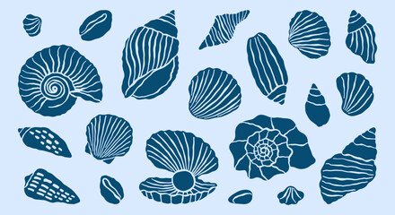 Underwater ocean shells simple minimalist retro illustrations set. Seashells vector doodles