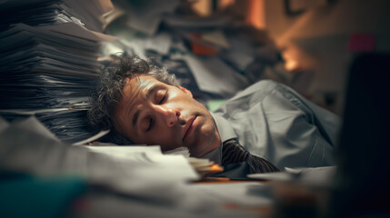 Obraz premium A stressed man struggles as he drowns in a massive pile of documents, overwhelmed by paperwork and deadlines. The concept of workplace stress, bureaucracy, and information overload. Generative AI.