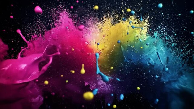 Vibrant colorful paint splashes explode against a dark background, creating a dynamic and abstract art piece.  Mixture of magenta, yellow, and cyan pigments create a striking visual display