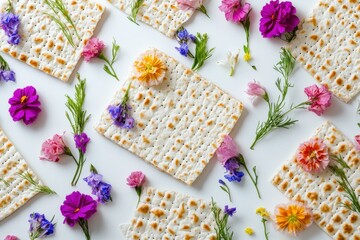 Passover Flowers and Matzo Composition on White Background, Top View for Seder Celebration
