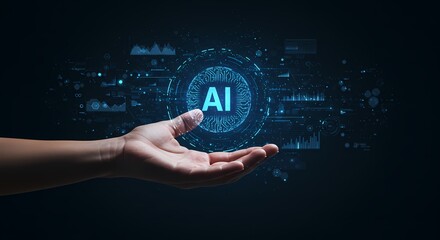 Hand holding digital representation of artificial intelligence against dark background showing data visualizations
