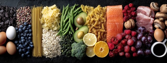 A variety of healthy foods arranged on a dark surface