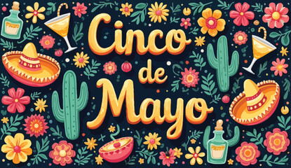 Colorful Cinco de Mayo Illustration with Sombreros, Cacti, Tequila, Flowers, and Festive Design.
