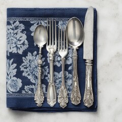 Silverware set on a blue floral napkin