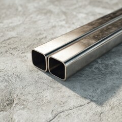 Two parallel square metal pipes on a light gray surface