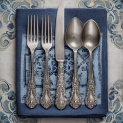 Elegant silverware set on a blue linen napkin