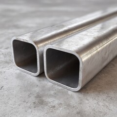 Two close-up square steel tubes on a light gray concrete surface.  The tubes are slightly aged, showing some surface texture