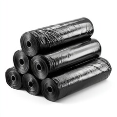 Stack of black plastic garbage bags on white background