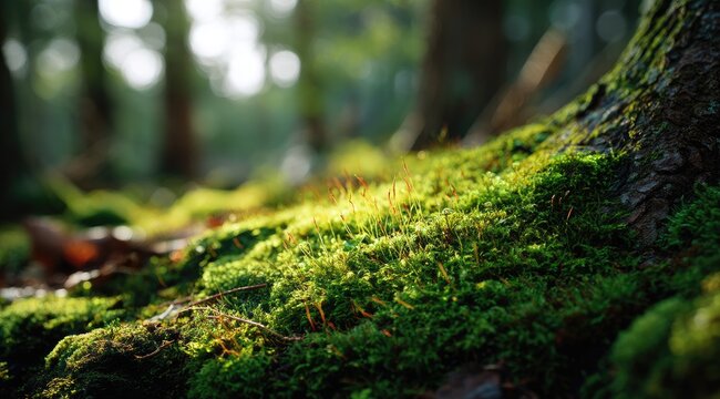 Close-up of vibrant green moss on forest floor