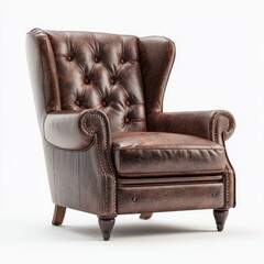 Brown leather wingback armchair, tufted, classic style