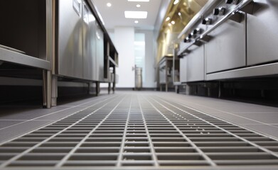 Stainless steel commercial kitchen floor with grate