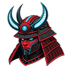 Design a futuristic samurai helmet; cyborg-like, incorporating glowing digital horns and intricate energy conduits (ENE).  Emphasis on sleek, metallic textures.