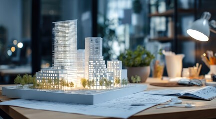 Architectural model of city on desk