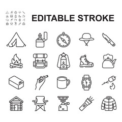 Camping related icons collection. Thin line style vectors. Contains icons such as backpack, tent, portable stove and more.