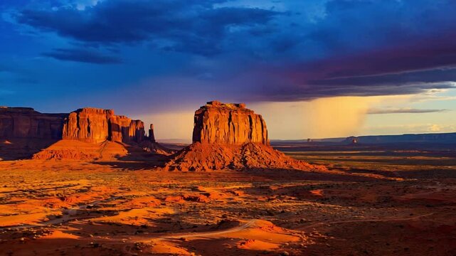 Vast desert landscape with majestic mesas and buttes under a dramatic sunset sky, symbolizing untouched nature and adventure. Ideal for travel, wilderness, and natural beauty.