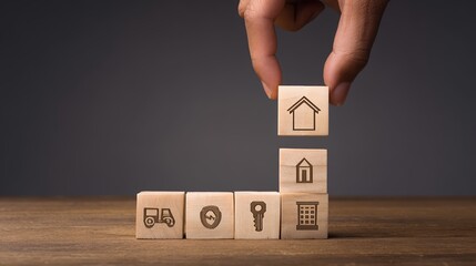 A hand reaches to lift a single-tone wooden cube featuring an upward arrow emblem. Surrounding cubes display various symbols, suggesting a focus on building or improvement