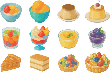 Watercolor Dessert and Sweet Treats Set – Pudding, Jelly, Tart, Ice Cream, and More