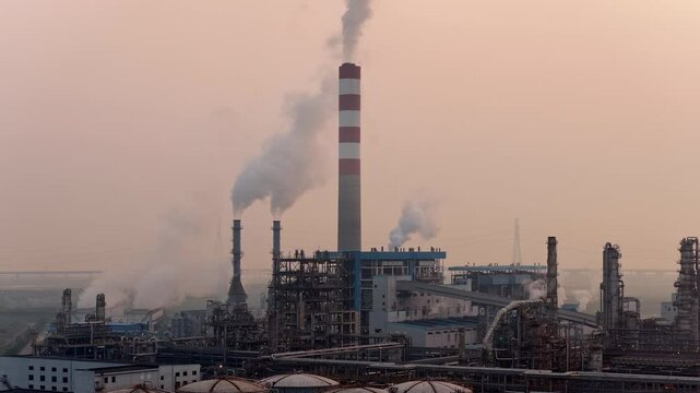 Aerial View of Power Plant Chimney Emitting Smoke into Atmosphere
