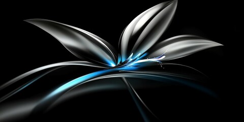 Elegant abstract flower crafted from metal, illuminated with blue tones against a black backdrop