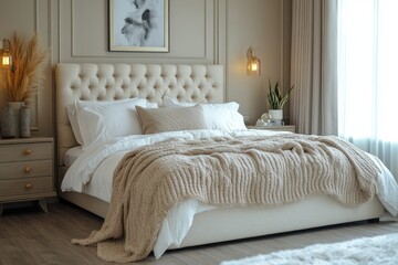 Warm and inviting bedroom with modern double bed and cozy blankets