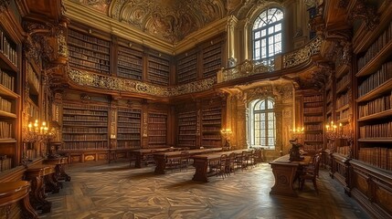 Obraz premium Magnificent vintage library with wooden bookshelves and arched windows filled with natural light