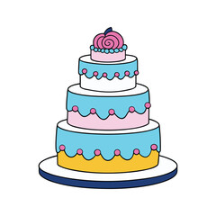 Colorful three tiered birthday cake illustration with decorative pink and blue frosting isolated