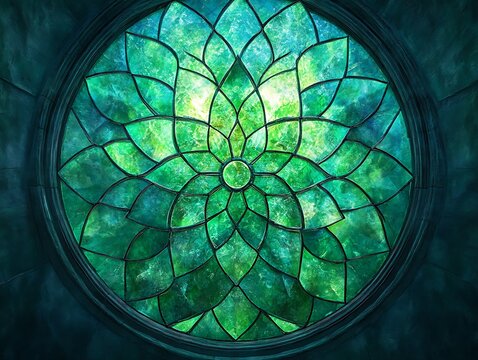 Ethereal botanical pattern in circular stain glass, a symphony of colors