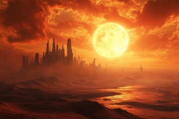 Vibrant sunset illuminates futuristic city skyline over vast desert landscape