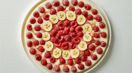 Fresh raspberry and banana dessert on a white plate.