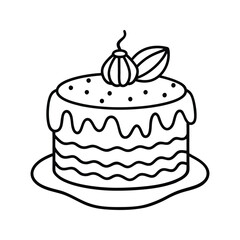 Delicious outline illustration of a birthday cake decorated with whipped cream and details