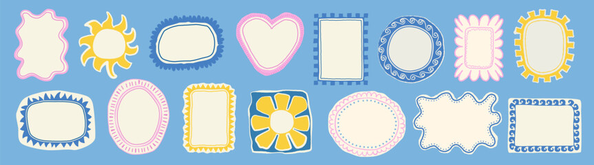 Set of colorful frames with wavy edges. Ornaments, patterns. Doodle, cute retro borders. Design for card, invitation, cover, packaging. La dolce vita style. Sticker. Quote box. Logo. 