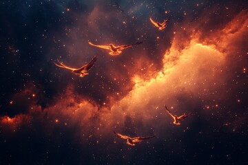 Obraz premium Colorful birds soaring through a vibrant cosmic landscape filled with stars and nebulas