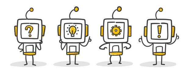 Stick Figure / Strichmännchen / Strichfiguren Robot: Roboter, Fragezeichen, Idee, Zahnrad, Ausrufezeichen (Nr. 10)