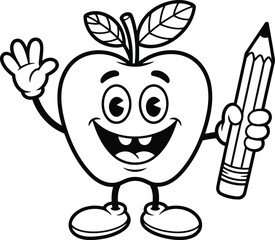 Happy Cartoon Apple Character Holding Pencil Silhouette Vector.