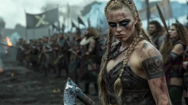 The fierce gaze of a strong Viking woman warrior: intense expression, battle spirit, fearless glance, Norse strength, warrior pride, ancient courage, piercing eyes, fierce presence, valiant heart.