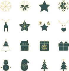 Christmas and New Year Icon Set in Green and Gold Colors