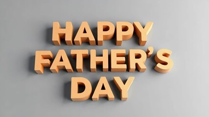 Warmly lit rotating 3D wooden Happy Fathers Day letters against a minimalist gray studio background perfect for Father's Day cards and greetings - Powered by Adobe