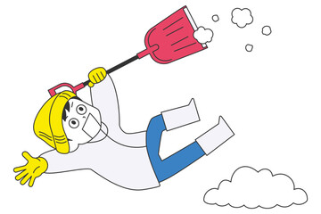 除雪中に滑って転倒する男性