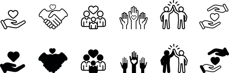 Solid black vector icons showing community aid, giving, charity, volunteerism, social work, and teamwork—perfect for donation apps, nonprofit visuals, or outreach graphics