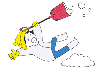 除雪中に滑って転倒する女性