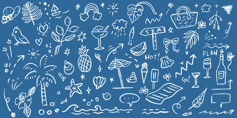 Summer vacation doodle illustration set. Beach and sea travel elements. Hand drawn palm tree, fruit, lobster, seafood, shell, bikini, cocktail. Coastal collection for card, prints, wedding invitation.