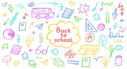 Charcoal school doodles on blackboard background. Fun hand-drawn icons for back to school themes. Cute childish education colorful pastel wax pencil signs. Grunge vector illustration classroom symbols