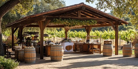 Obraz premium A rustic-themed corporate event at a vineyard, with outdoor seating under pergolas, wine tasting stations, and gourmet appetizers served al fresco,