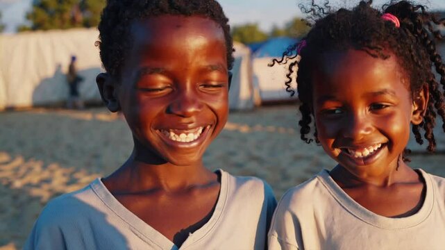 Children smiling together in a makeshift camp during sunset