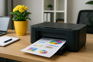 Printer on desk with laptop and plant.